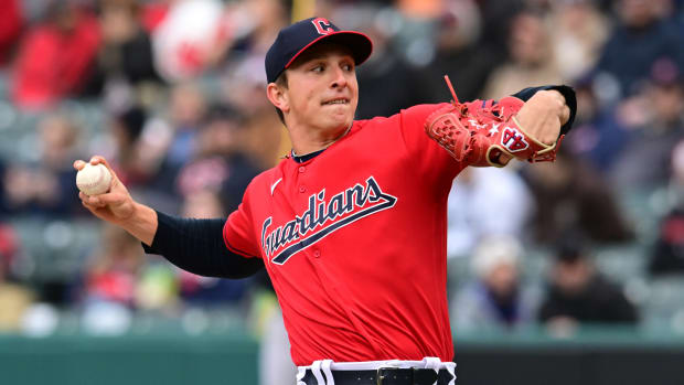 Apr 23, 2023; Cleveland, Ohio, USA; Cleveland Guardians relief pitcher James Karinchak (99) throws a pitch during the eighth inning against the Miami Marlins at Progressive Field. Mandatory Credit: Ken Blaze-USA TODAY Sports
